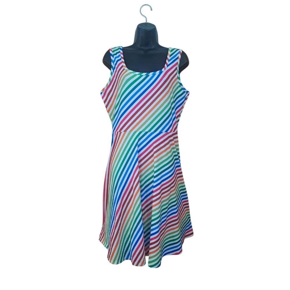 Colorful Diagonal Striped Fit Flare Dress Women's Size XL Classic Dainty Summer - Picture 4 of 11